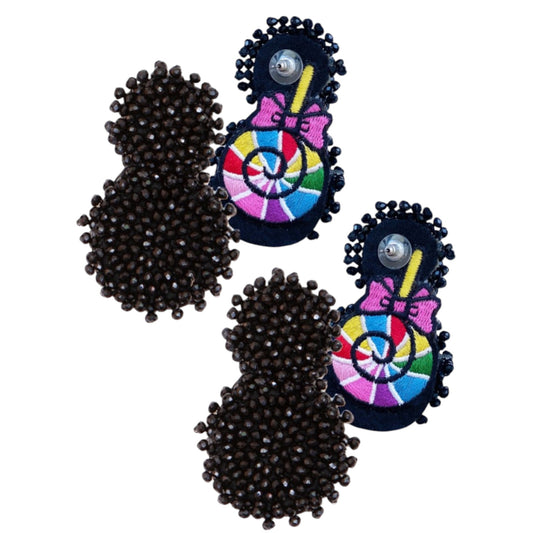 Glitterball earrings featuring sparkly stones and a colorful Lolly Love patch, perfect for party looks.