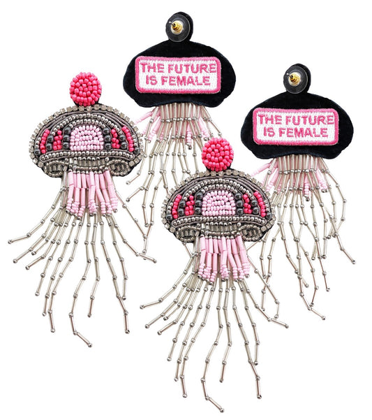 Jeweled Jellyfish earrings with intricate beading and "The Future Is Female" patch design, perfect for a bold statement.