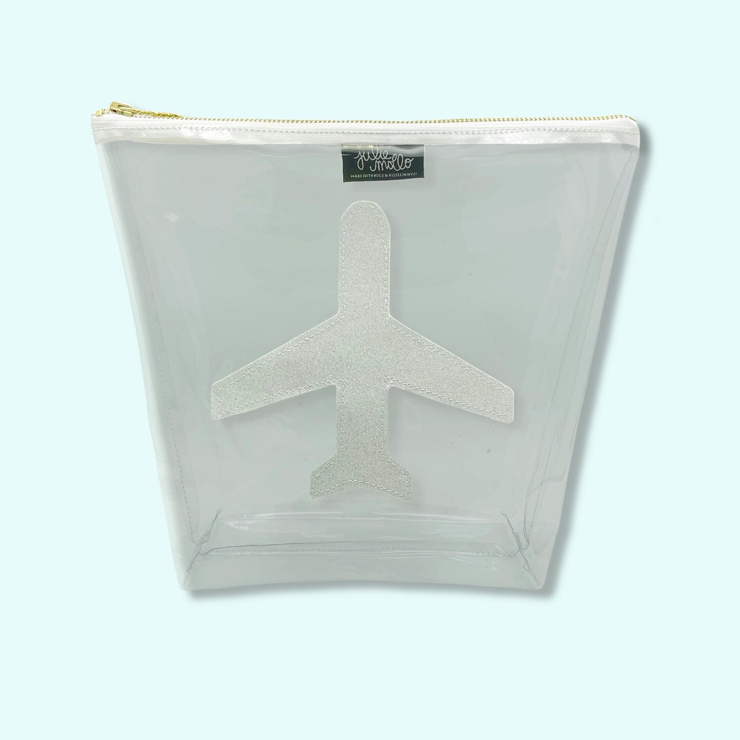Clear travel pouch with a glittery airplane design, perfect for TSA and styled for takeoff.
