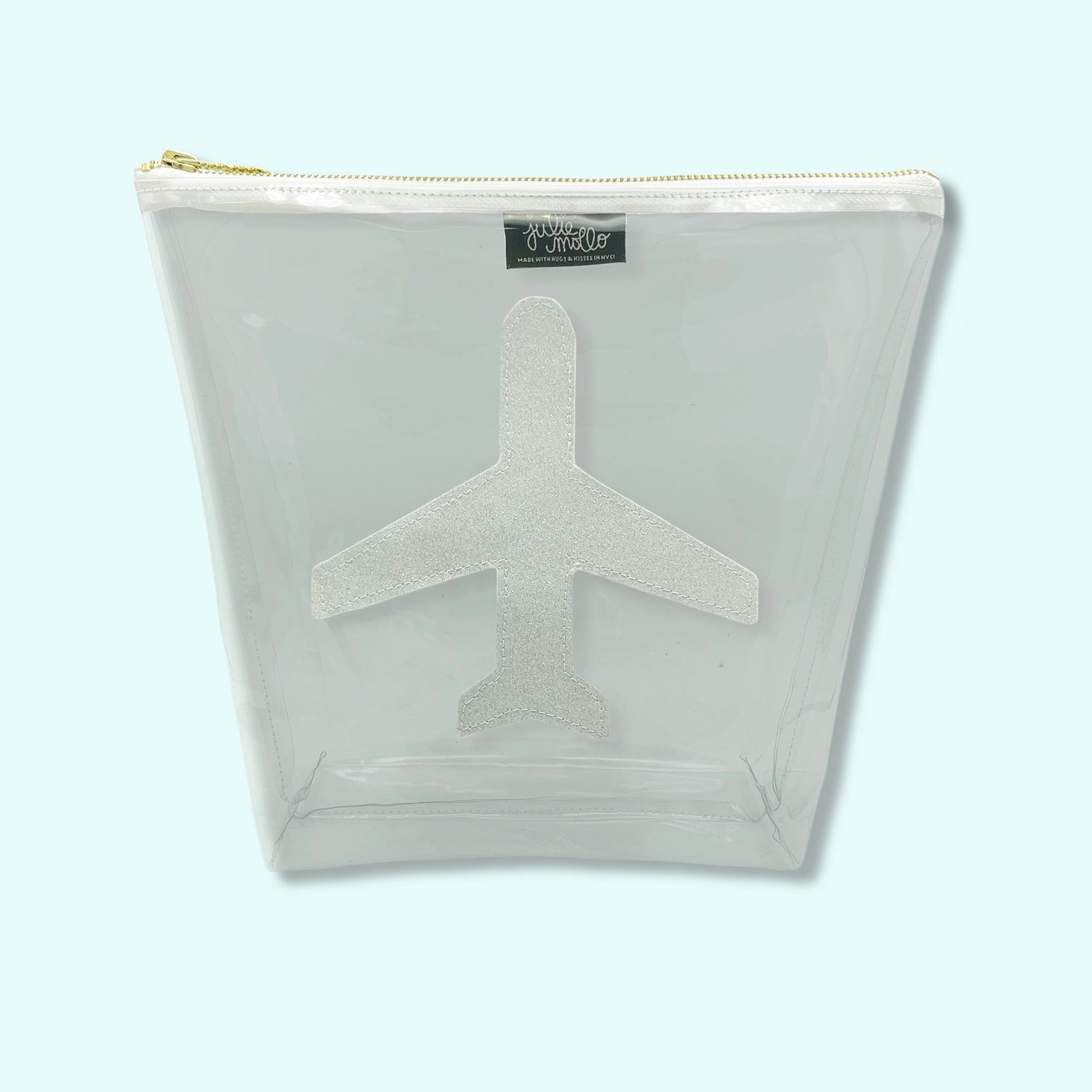 Clear travel pouch with a glittery airplane design, perfect for TSA and styled for takeoff.