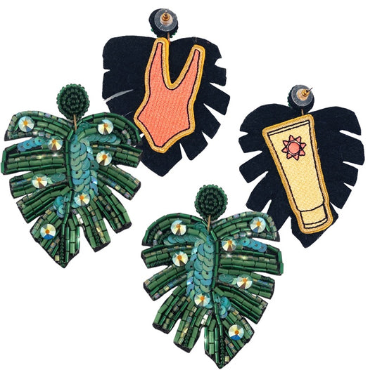 Beaded green palm earrings with embroidered swimsuit and sunscreen patch, perfect for summer vacations
