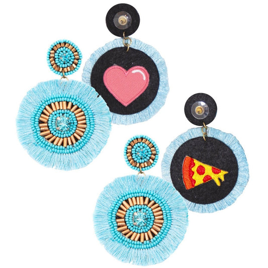 Bold aqua earrings with gold-toned edges and a subtle sparkle, handcrafted for a standout look.