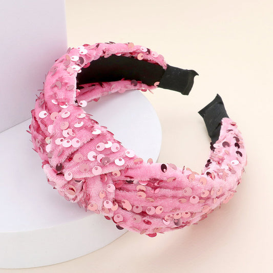 Sequin Shimmer Pink Headband featuring pink velvet and a swirl of shimmering sequins, perfect for special occasions.