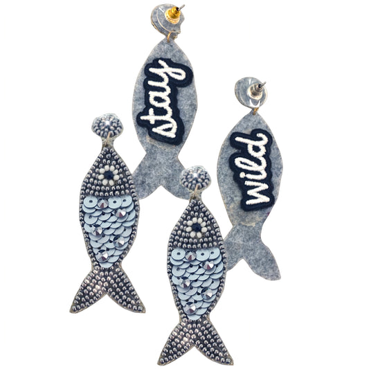 Silver Linings Earrings featuring sparkling sequin fish design with "Stay Wild" and
"Wild" patches, lightweight and bold.