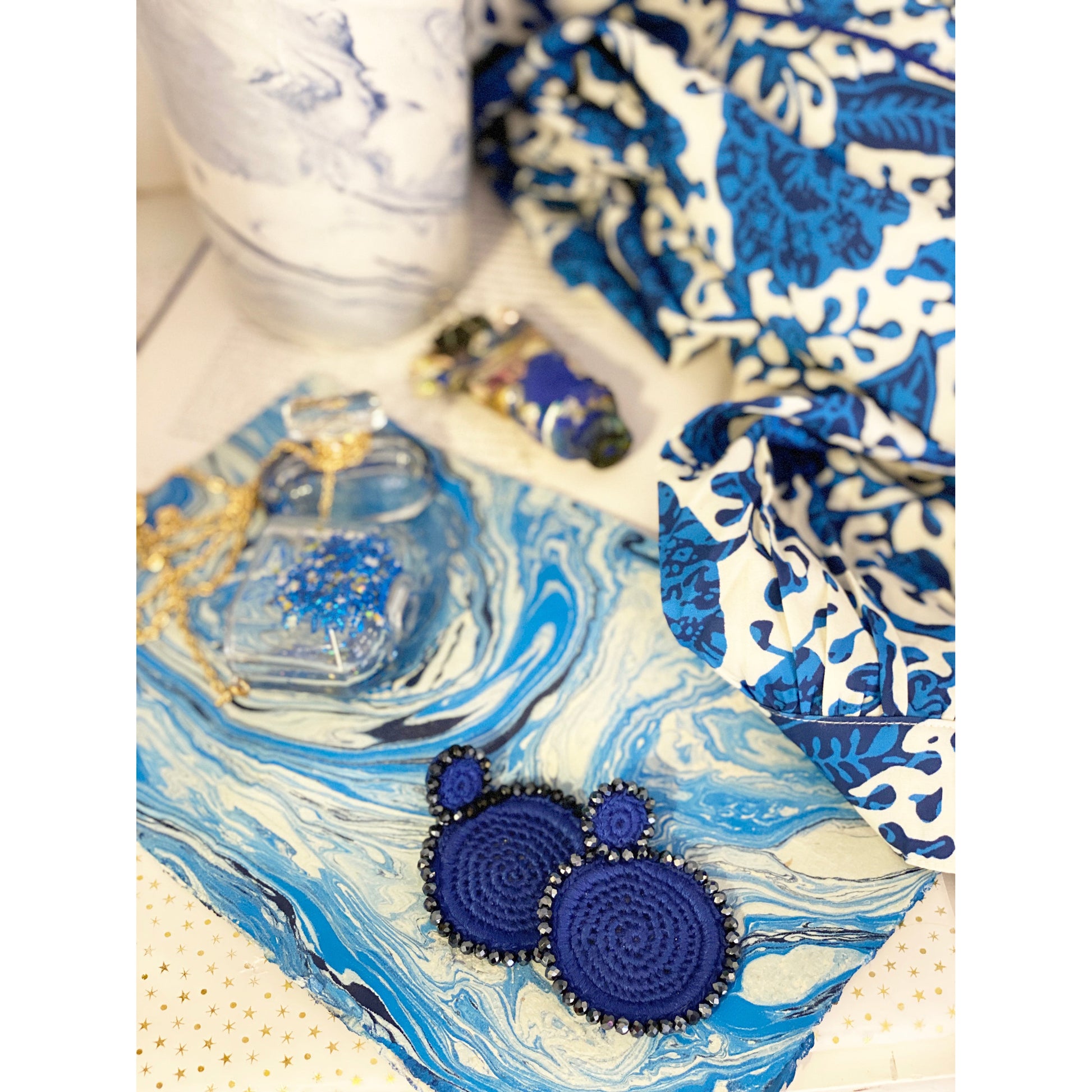 Midnight Blue Boo Earrings featuring ghost patch design and shimmering stones, ideal for Halloween or everyday fun.