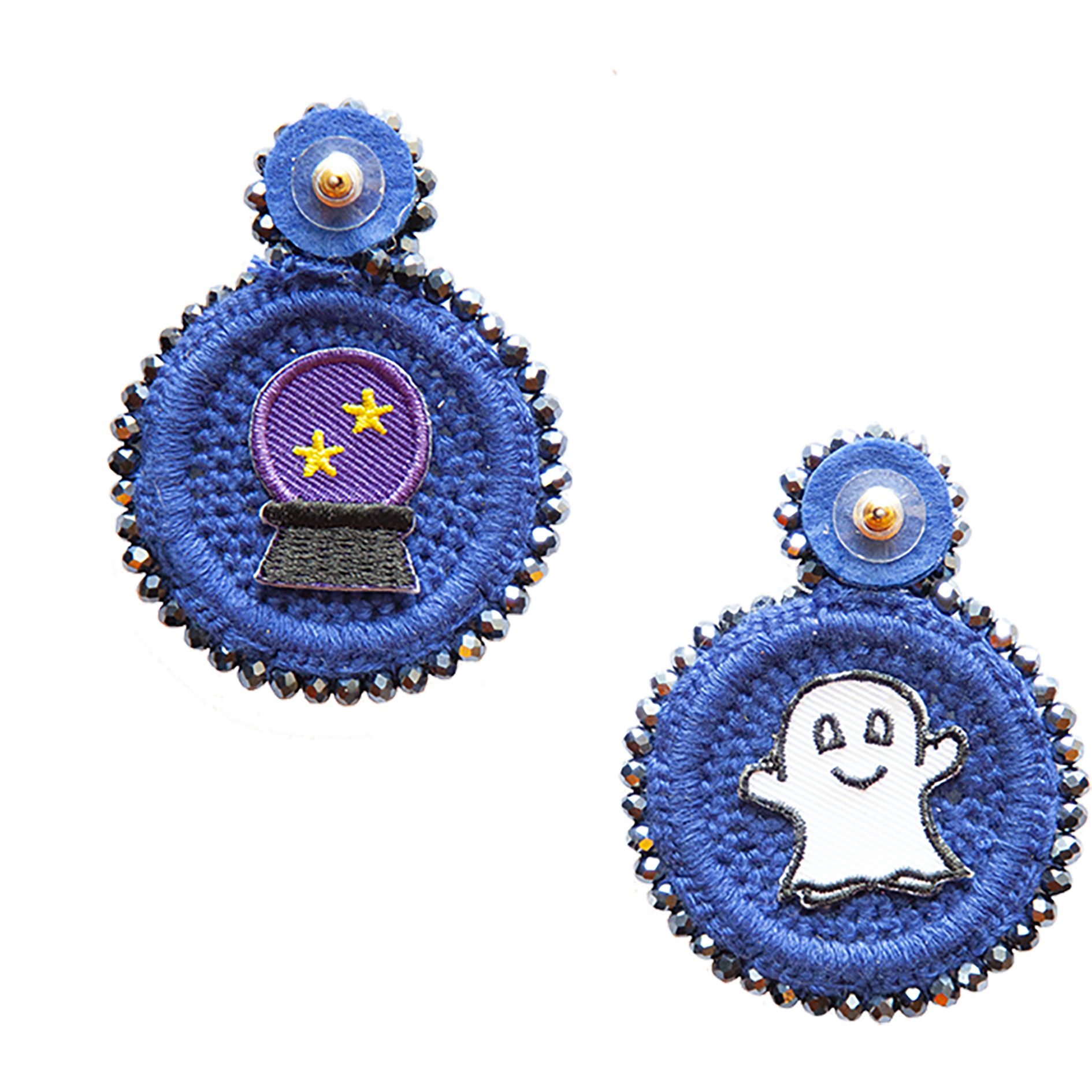 Lightweight midnight blue earrings with ghost patch and shimmering stones, designed for hypoallergenic comfort.