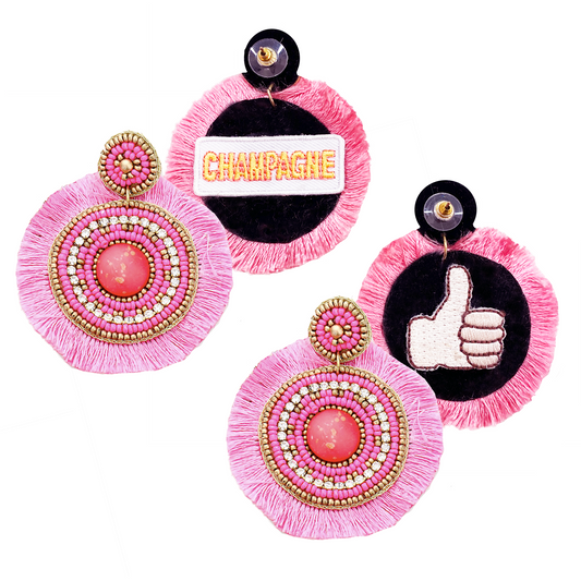 Pink beaded earrings with plush fringe and champagne/thumbs-up patches, hypoallergenic and lightweight.
