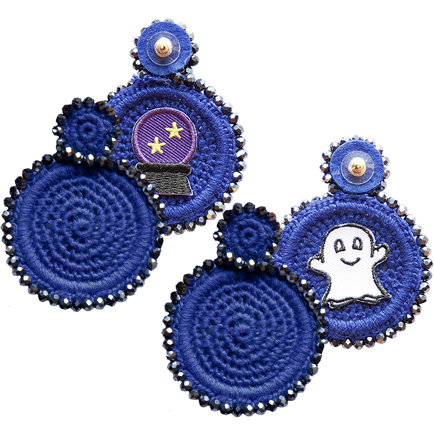 Midnight blue earrings with ghost patch and shimmering stones, perfect for adding a spooky touch to any outfit.